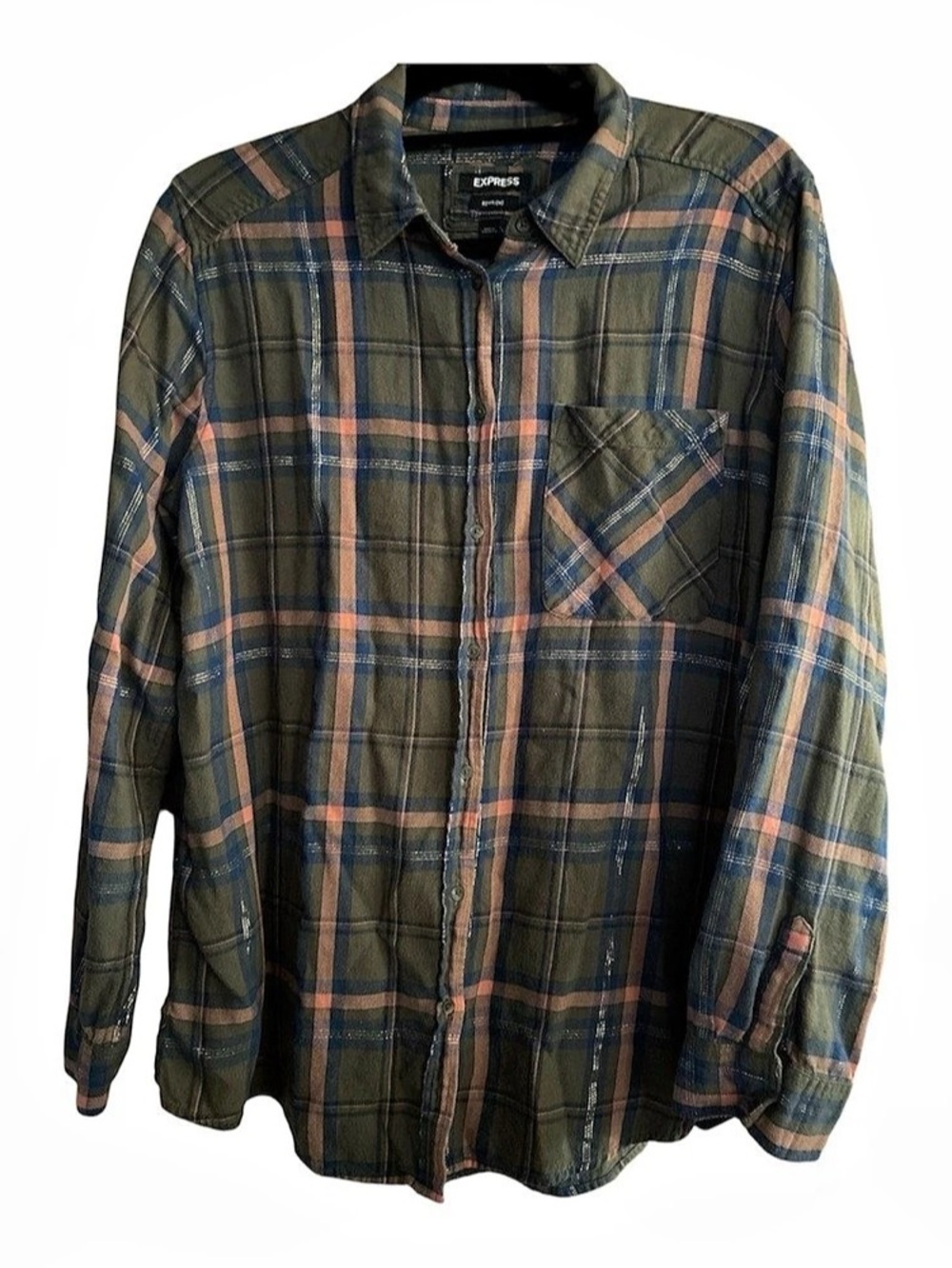 Express Boyfriend Plaid Button Down Shirt Green & Blue Large